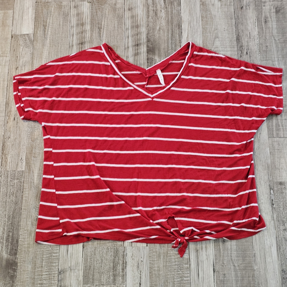 MTS Red and White Striped V-Neck Tie-Front Tee